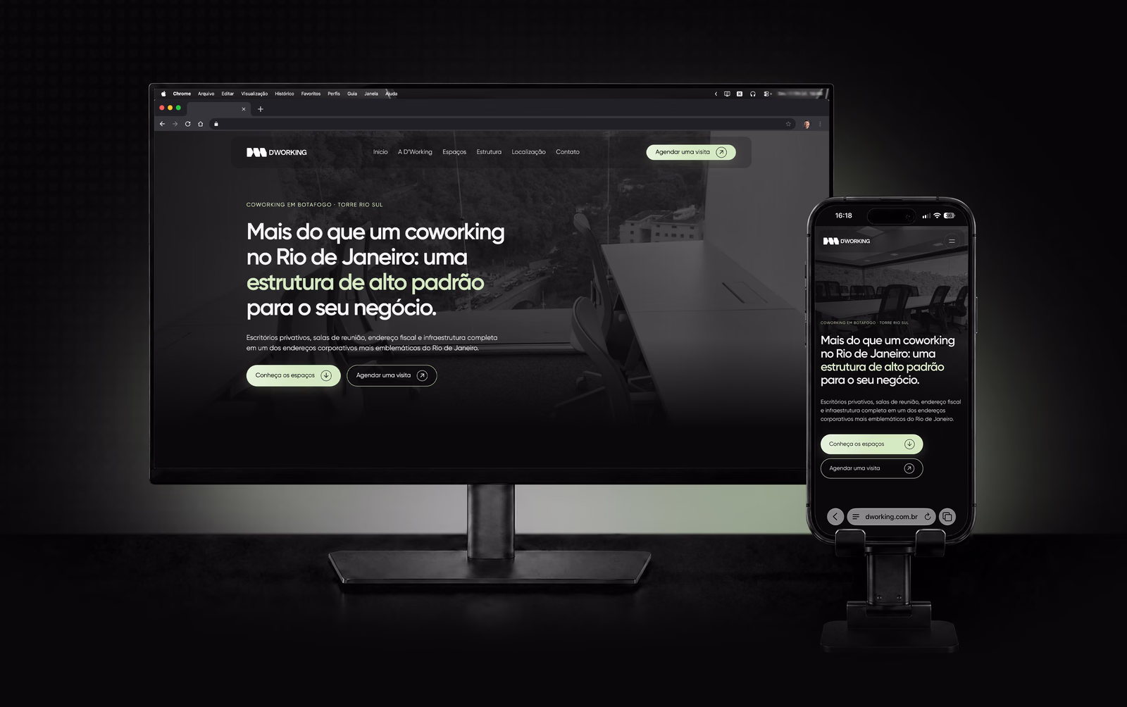 Projeto de site institucional D'Working Coworking em desktop e celular