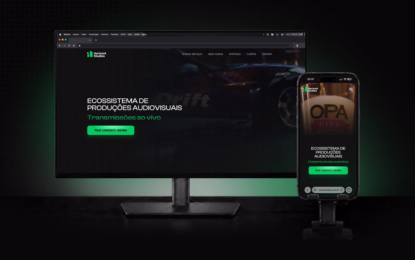Projeto de site institucional Horizont Studios em desktop e celular