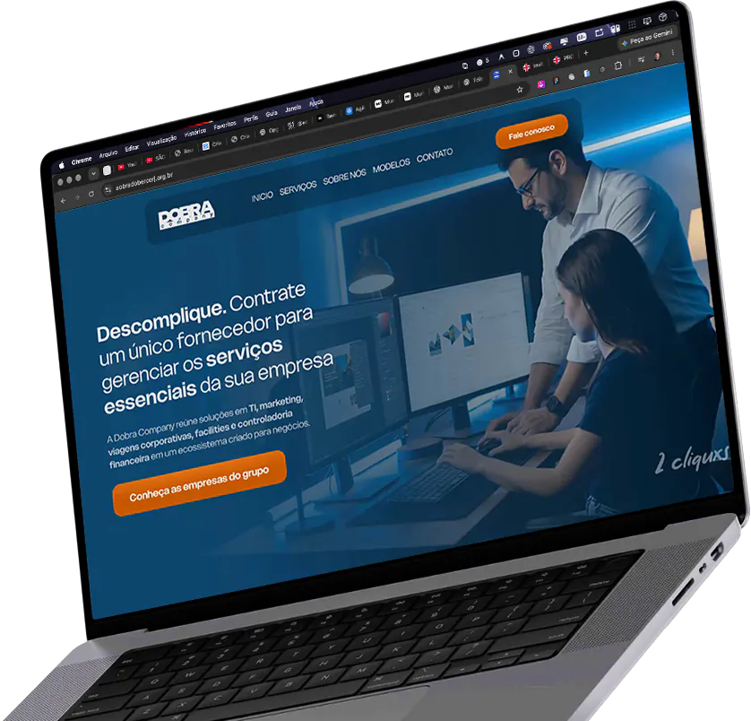 Site institucional apresentado em um notebook com navegação animada